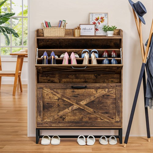 Segawe Metal Shoe Cabinet with 2 Flip Drawers Freestanding Shoe Cabinet Organizer Slim