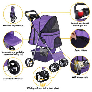 Segawe Pet Stroller 4 Wheels Dog Cat Stroller Foldable Pet Stroller w/Cup Holder Purple