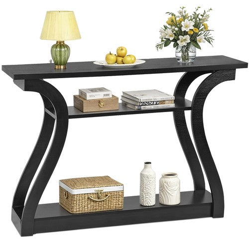 Segawe Wood Console Table 3 Tier Modern Accent Sofa Table with Curved Legs Shelf Black