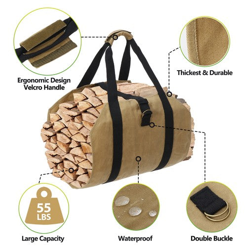 Segawe Firewood Log Carrier Bag Waxed Canvas Outdoor Log Tote Bags Camping with Strap