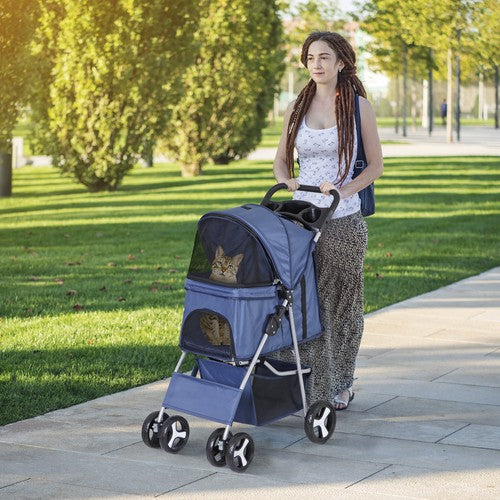Segawe Foldable Carrier Strolling Cup Holder 4 Wheel Pet Stroller for Dog Navy Blue
