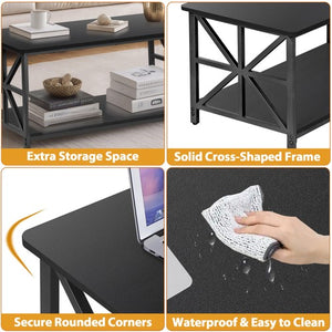 Segawe Coffee Table for Living Room Rectangular Center Table with 2 Storage Shelf Black