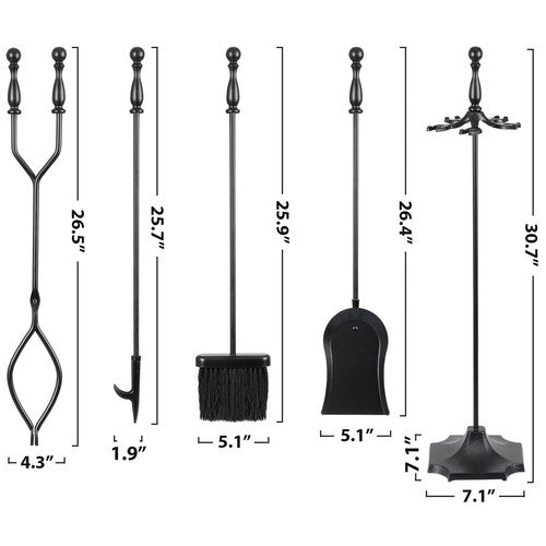 Segawe 5PCS Fireplace Tools Wrought Iron Large Fire Tool Set and Holder w/Black Handles