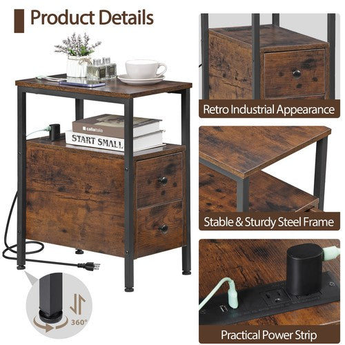 Segawe 24 inch Narrow Side End Table with Drawers and Charging Station for Living Room