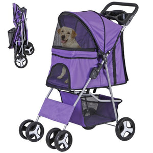 Segawe Pet Stroller 4 Wheels Dog Cat Stroller Foldable Pet Stroller w/Cup Holder Purple