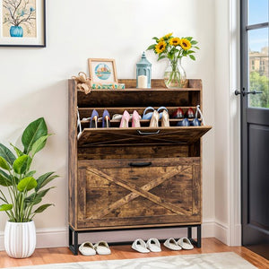 Segawe Metal Shoe Cabinet with 2 Flip Drawers Freestanding Shoe Cabinet Organizer Slim