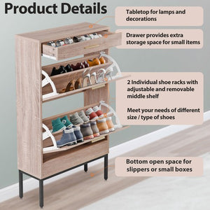Segawe Shoe Storage Cabinet Shoe Rack Organizer with 2 Rattan Flip Drawers & Metal Legs