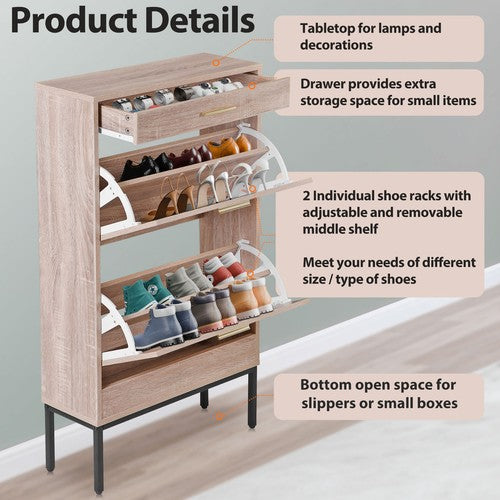 Segawe Shoe Storage Cabinet Shoe Rack Organizer with 2 Rattan Flip Drawers & Metal Legs