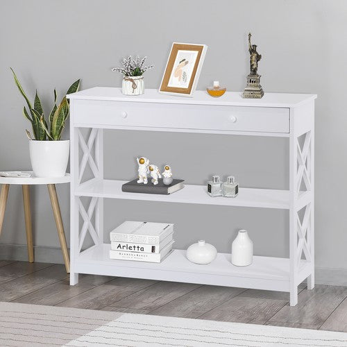 Segawe 3 Tier X Shaped Entryway Console Table with Storage Drawer Multipurpose White