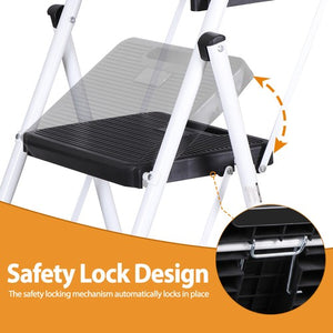 Segawe 3 Step Ladder with Tool Platform Folding Step Stool with Anti-Slip Pedal White