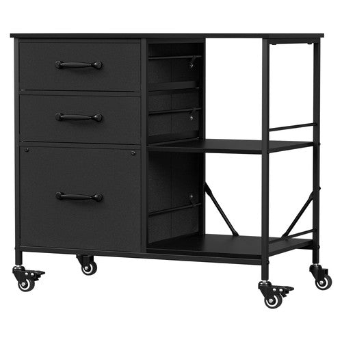 Segawe Black Mobile File Cabinet Lockable Filing Storage w/ 3 Drawers & Open Shelves
