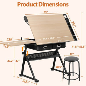 Segawe Drafting Drawing Table Tabletop Adjustable Height with Charge Outlet Natural