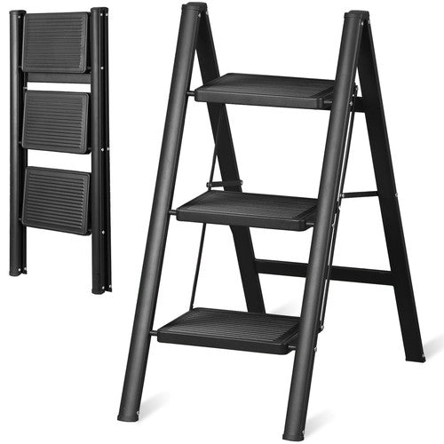 Segawe Step Ladder Folding 3 Step Stool w/Wide Anti-Slip Pedal 330lbs Lightweight Black