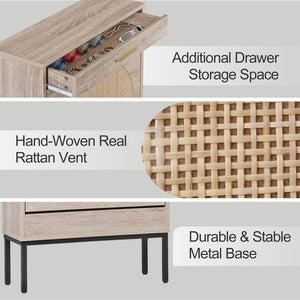 Segawe Shoe Storage Cabinet Shoe Rack Organizer with 2 Rattan Flip Drawers & Metal Legs