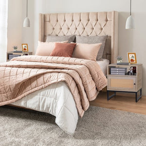 Segawe Rattan Nightstand Set of 2 End Table with Storage for Bedroom or Living Room Oak