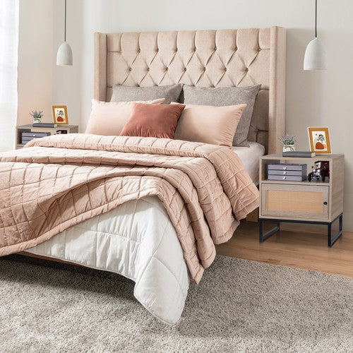 Segawe Rattan Nightstand Set of 2 End Table with Storage for Bedroom or Living Room Oak