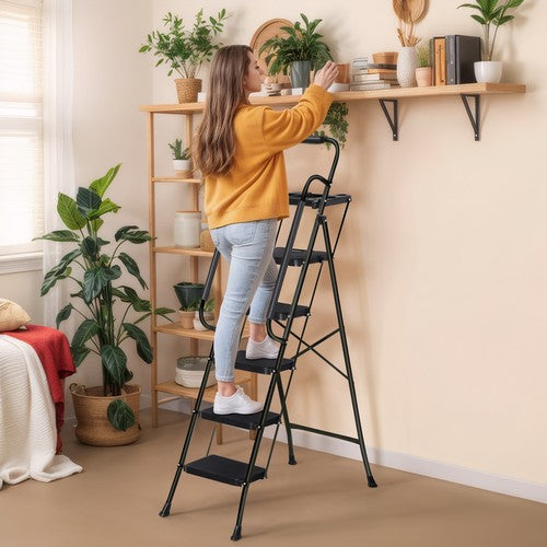Segawe 5 Step Ladder w/ Handrails Folding Step Stool Anti-Slip Pedal w/Tool Tray Black
