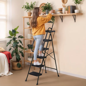 Segawe 5 Step Ladder w/ Handrails Folding Step Stool Anti-Slip Pedal w/Tool Tray Black
