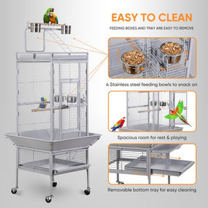 Segawe 61" Large Bird Cage Playtop Parrot Cage Cockatiel Cockatoo w/Rolling Stand White