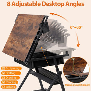 Segawe Drafting Table Drawing Desk Adjustable Tabletop w/Charging Station & Stool Retro