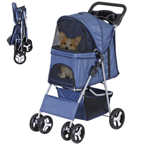 Segawe Foldable Carrier Strolling Cup Holder 4 Wheel Pet Stroller for Dog Navy Blue
