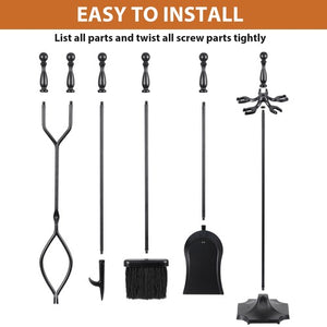Segawe 5PCS Fireplace Tools Wrought Iron Large Fire Tool Set and Holder w/Black Handles