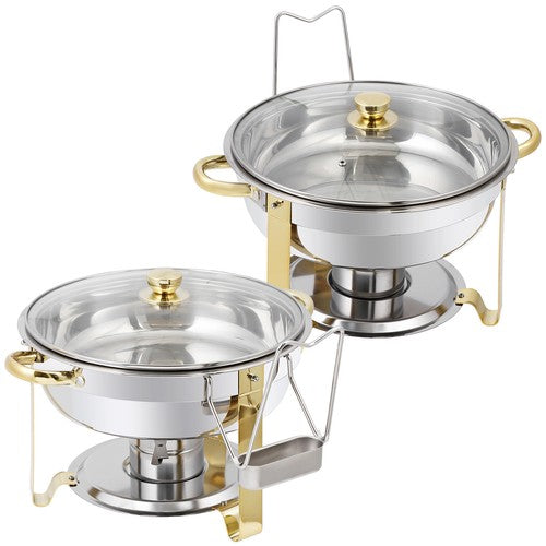 Segawe 2Pack 5QT Stainless Steel Chafing Dish Buffet Set Round Chafers w/Glass Lid Gold