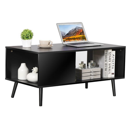 Segawe Black Coffee Table Wood Frame End Storage Stand W/ Open Storage Shelf