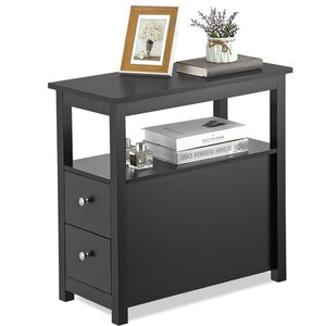 Segawe Black End Table with 2 Drawer and Open Shelf Narrow Side Table for Living Room
