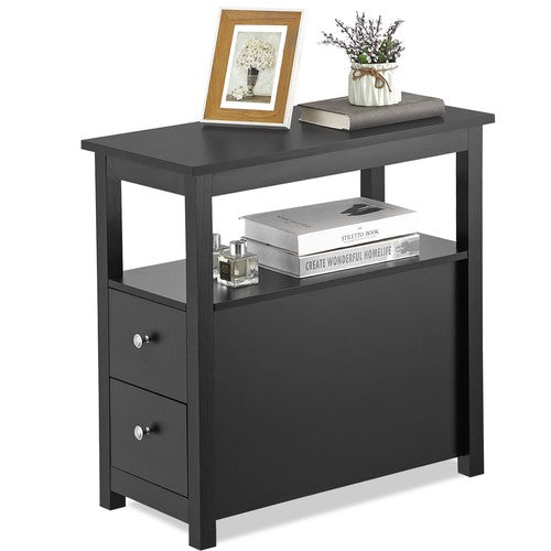 Segawe Black End Table with 2 Drawer and Open Shelf Narrow Side Table for Living Room