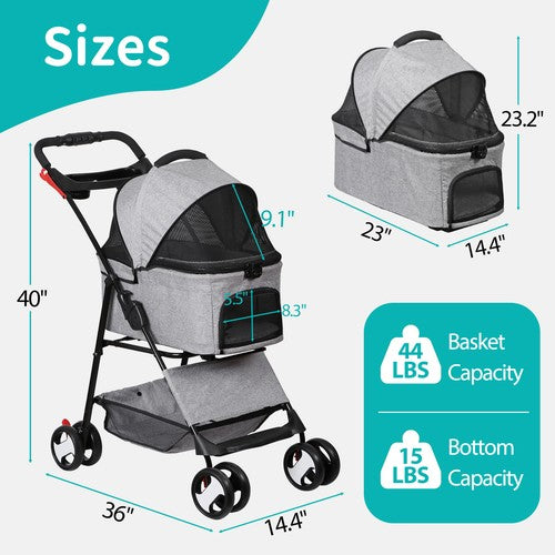 Segawe Pet Stroller 3-in-1 Foldable Cat Dog Strollers with Detachable Carrier Car Seat