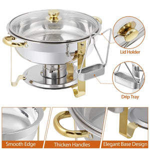 Segawe 2Pack 5QT Stainless Steel Chafing Dish Buffet Set Round Chafers w/Glass Lid Gold