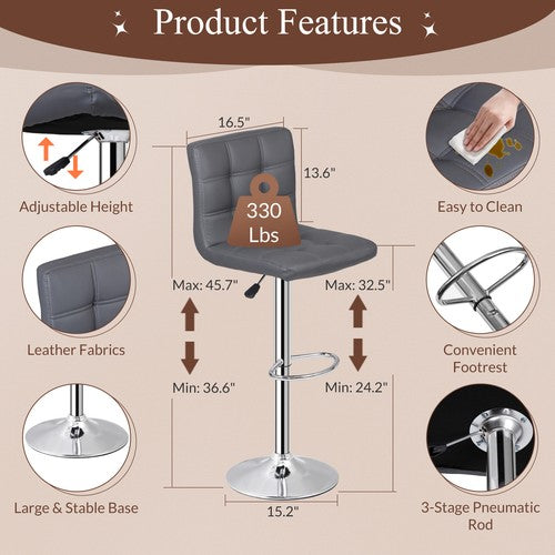 Segawe Set of 2 Adjustable Bar Stools PU Leather Modern Dinning Chair with Back Gray