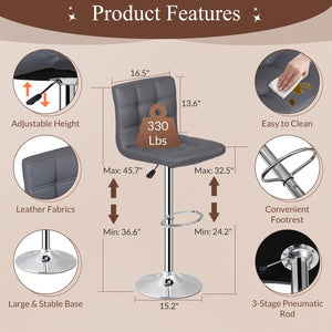 Segawe Set of 2 Adjustable Bar Stools PU Leather Modern Dinning Chair with Back Gray