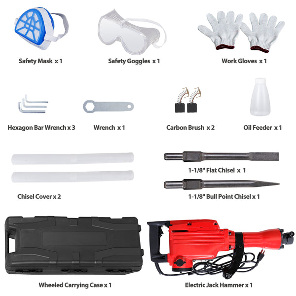 Segawe 2200W Heavy Duty Electric Demolition Jack Hammer Concrete Breaker Drills w/Case, Gloves 2 Chisel 2 Punch Bit Set